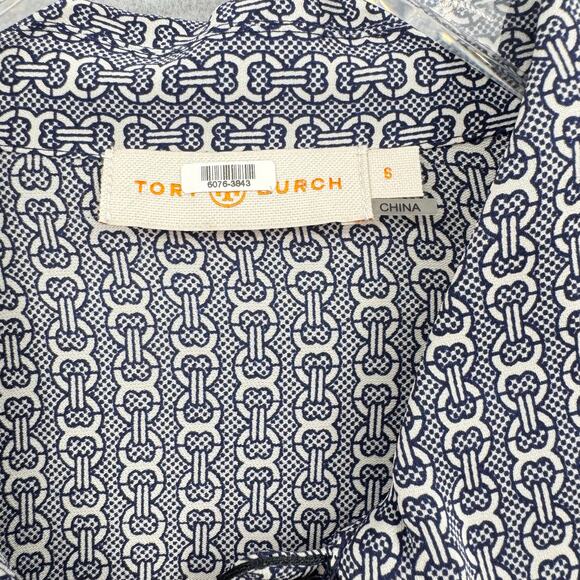 Tory Burch Christelle 100% Silk Navy & White Chain Print Long Sleeve Shirt Dress - Picture 10 of 11